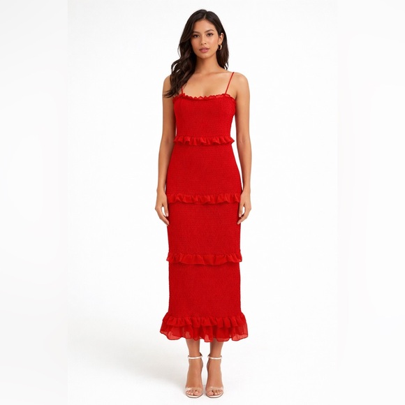 bebe Dresses & Skirts - Bebe Stunning Red Smocked Midi Dress with Ruffle Tiers Bodycon Party Dress SZ M